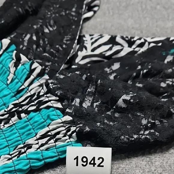 Turquoise Black Lace Leaf Print Maxi Dress Size M V Neck Smocked Waist - www.threedaughtersproperties.com Turquoise Black Lace Leaf Print Maxi Dress Size M V Neck Smocked Waist - www.threedaughtersproperties.com